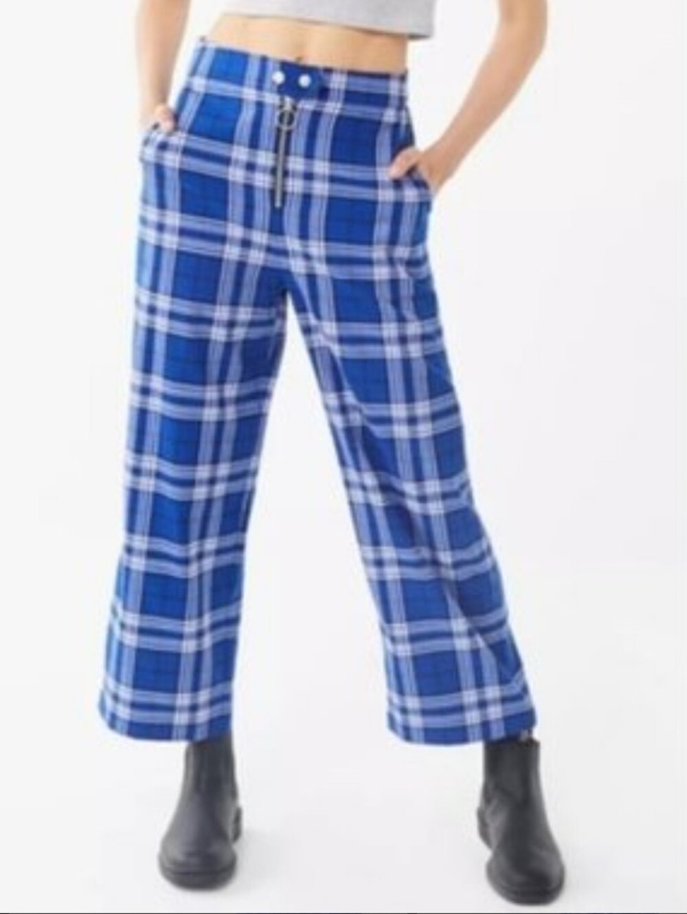 Daisy Plaid Zip-Front Wide Leg Pants